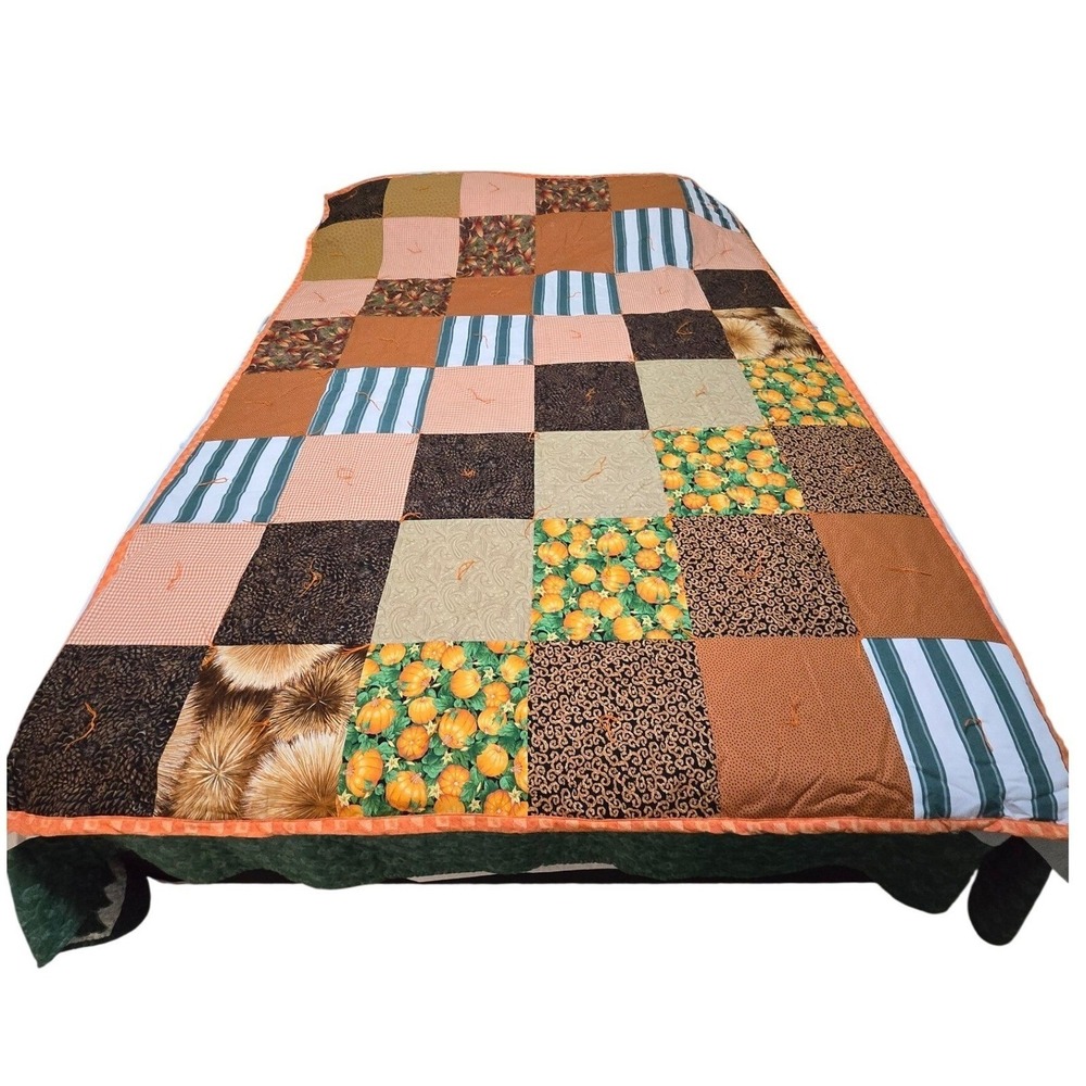 New Handmade Patchwork Quilt Fall Harvest Pumpkin Autumn Theme Cozy Bedding/0191
